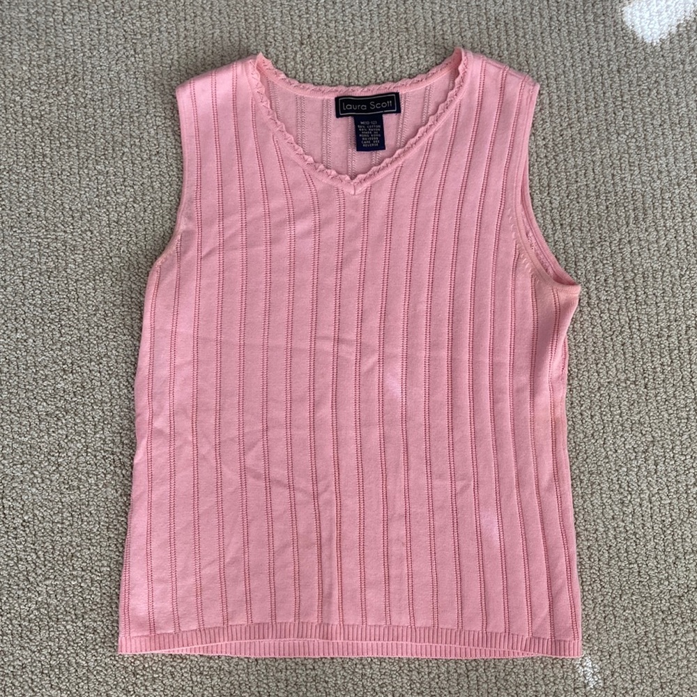 Laura Scott V Neck Knit Sweater Vest Pink Cotton Blend Medium Granny Vintage EUC